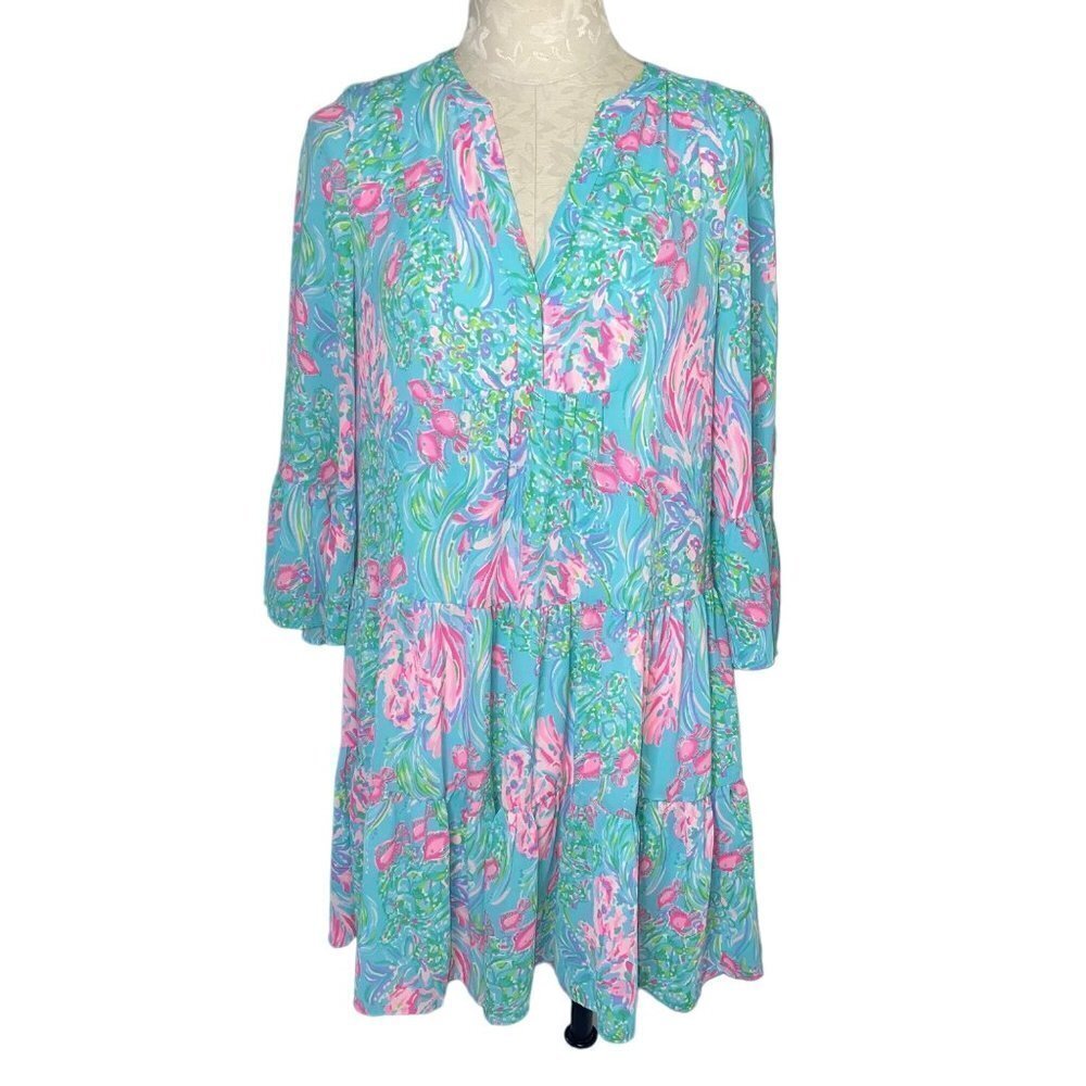 Lilly Pulitzer Gabriel Dress Size 0 Amalfi Blue Pink Fish Tiered Bell Sleeves